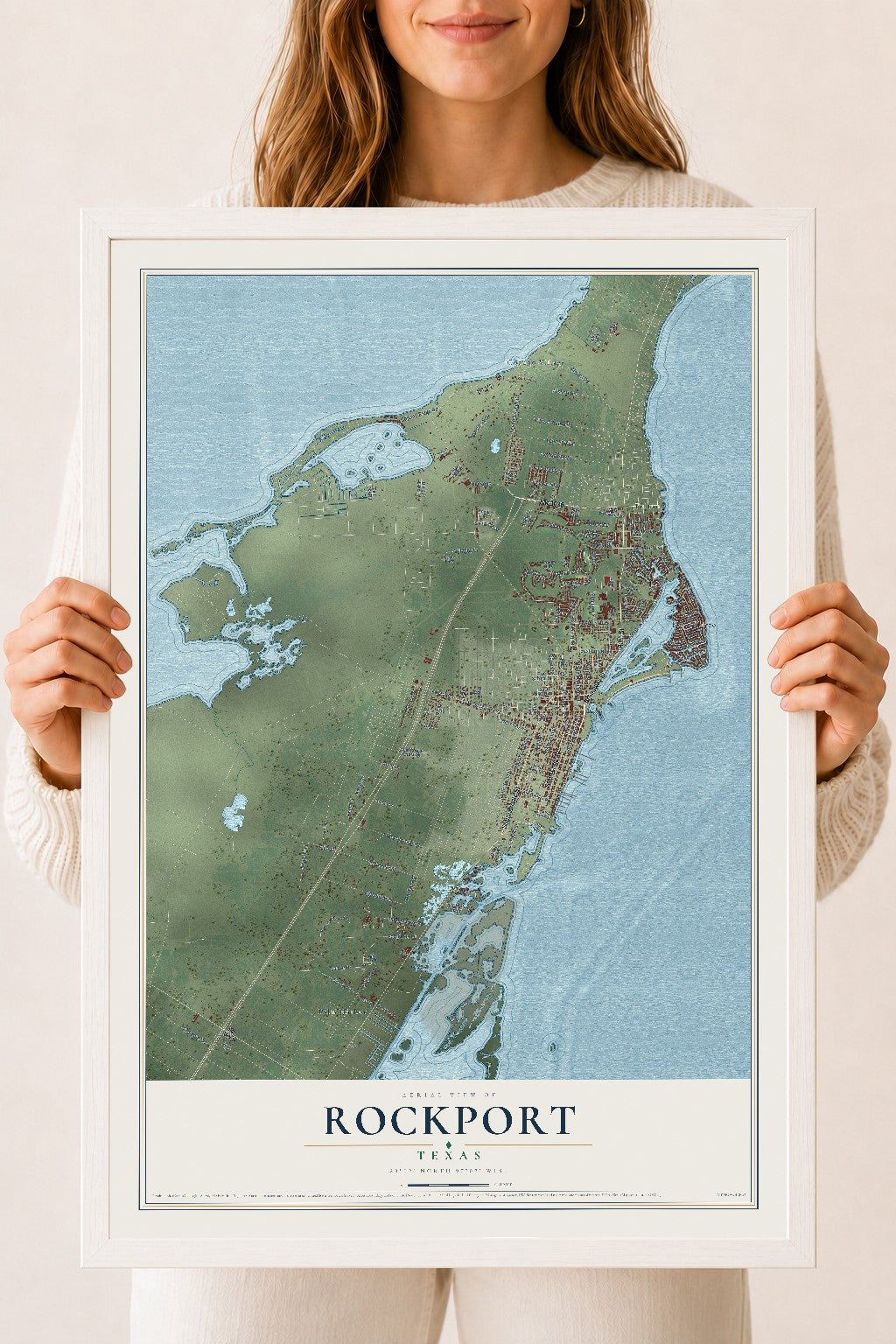 Map of Rockport, Texas, 18 x 24 inch print in a white wood frame