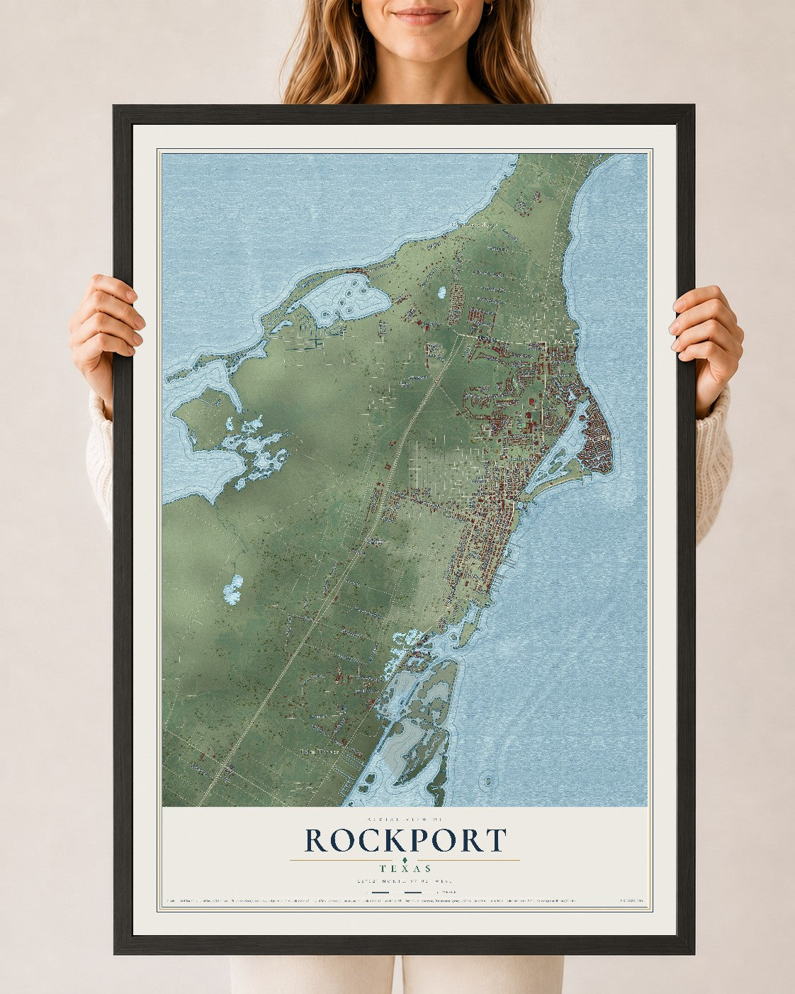 Map of Rockport, Texas, 24 x 36 inch print in a black wood frame