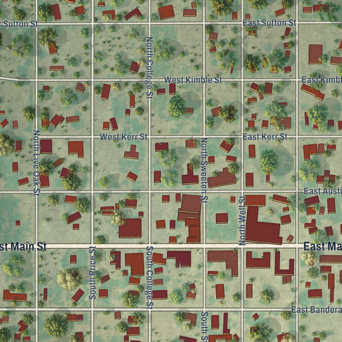 Close-up of the map of Rocksprings, Texas print showing street and building detail