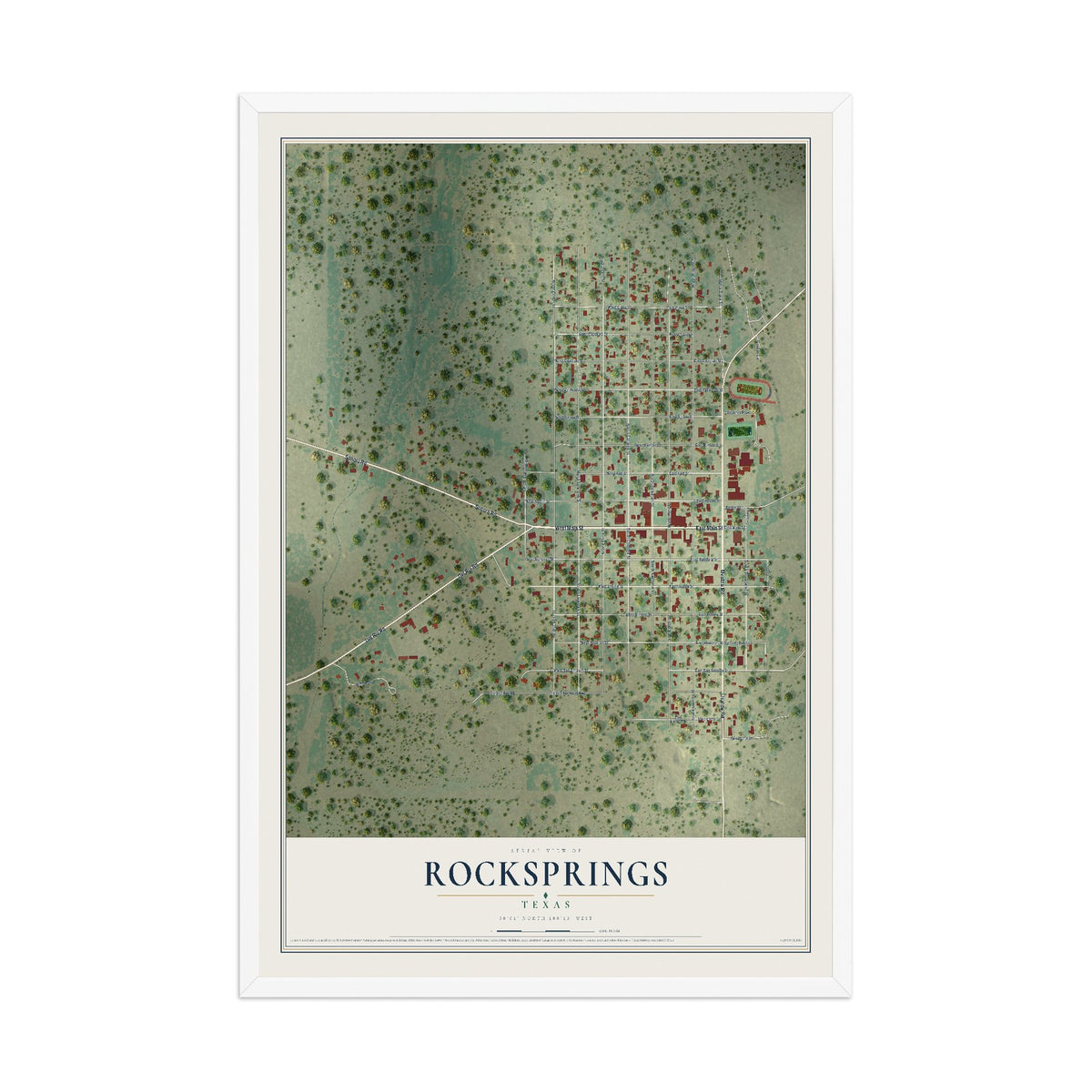 Map of Rocksprings, Texas, 12 x 18 inch print in a white wood frame