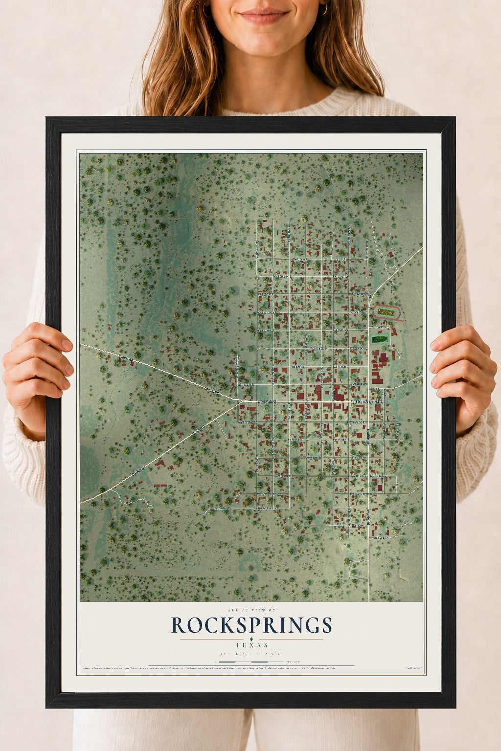 Map of Rocksprings, Texas, 18 x 24 inch print in a black wood frame