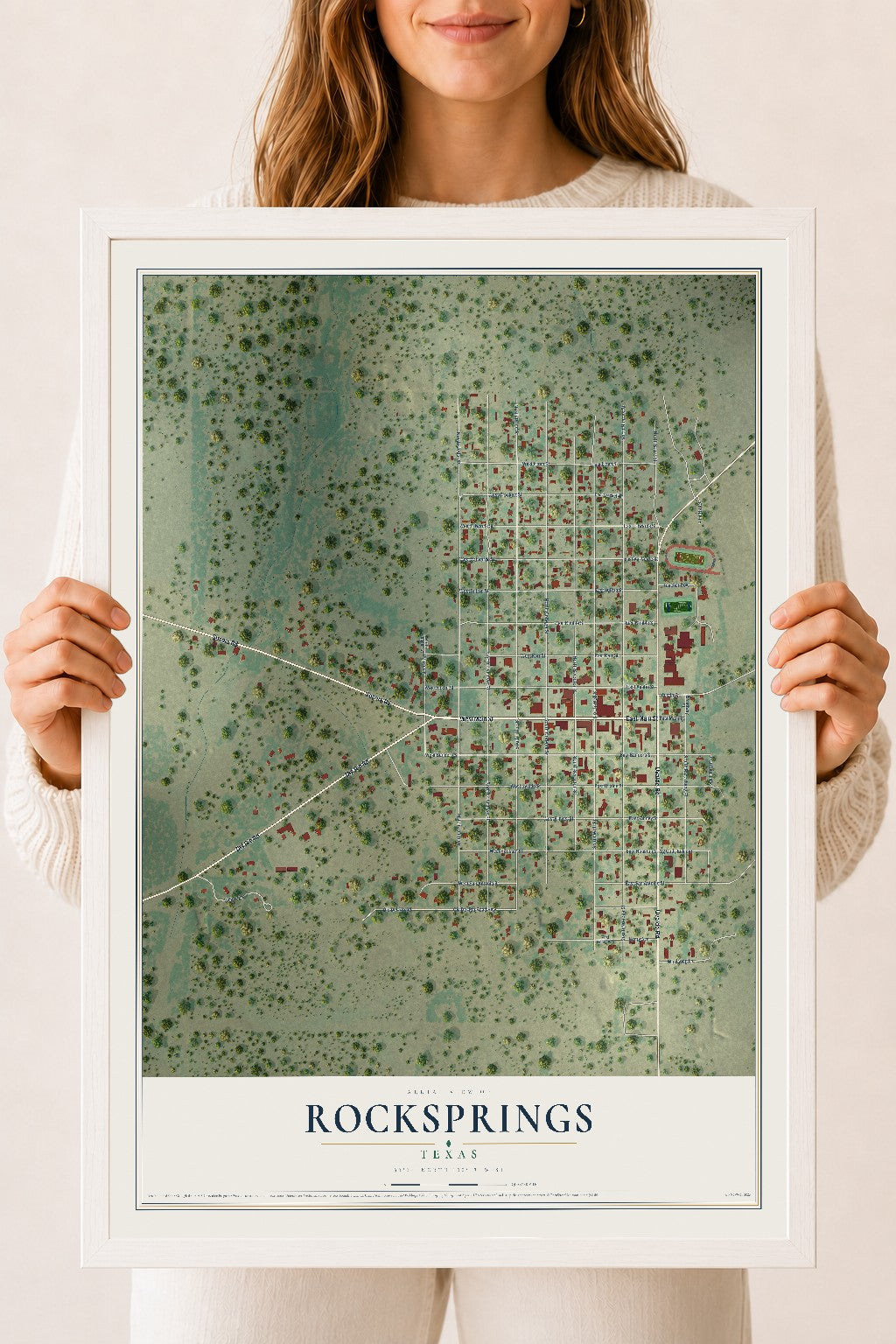 Map of Rocksprings, Texas, 18 x 24 inch print in a white wood frame