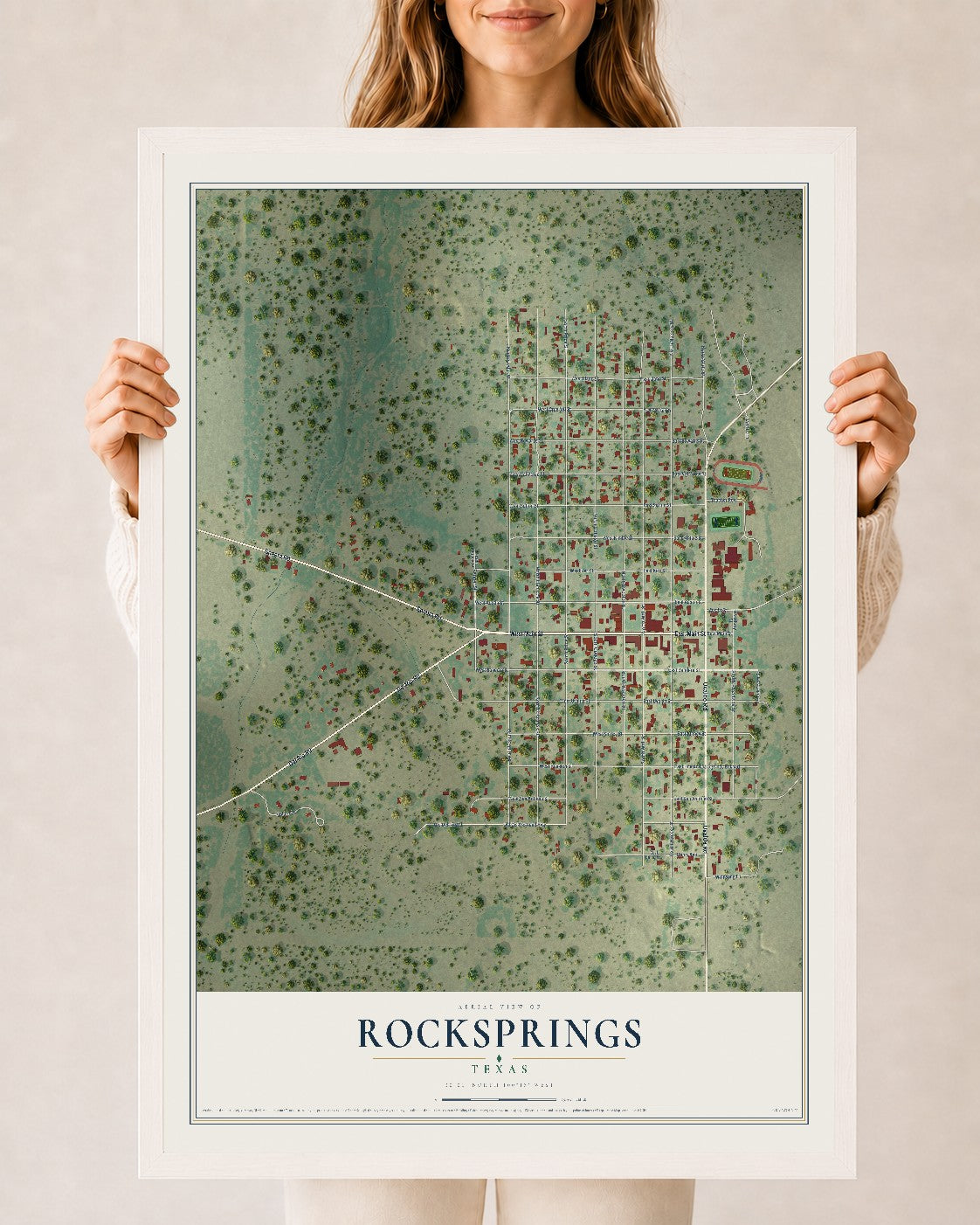 Map of Rocksprings, Texas, 24 x 36 inch print in a white wood frame