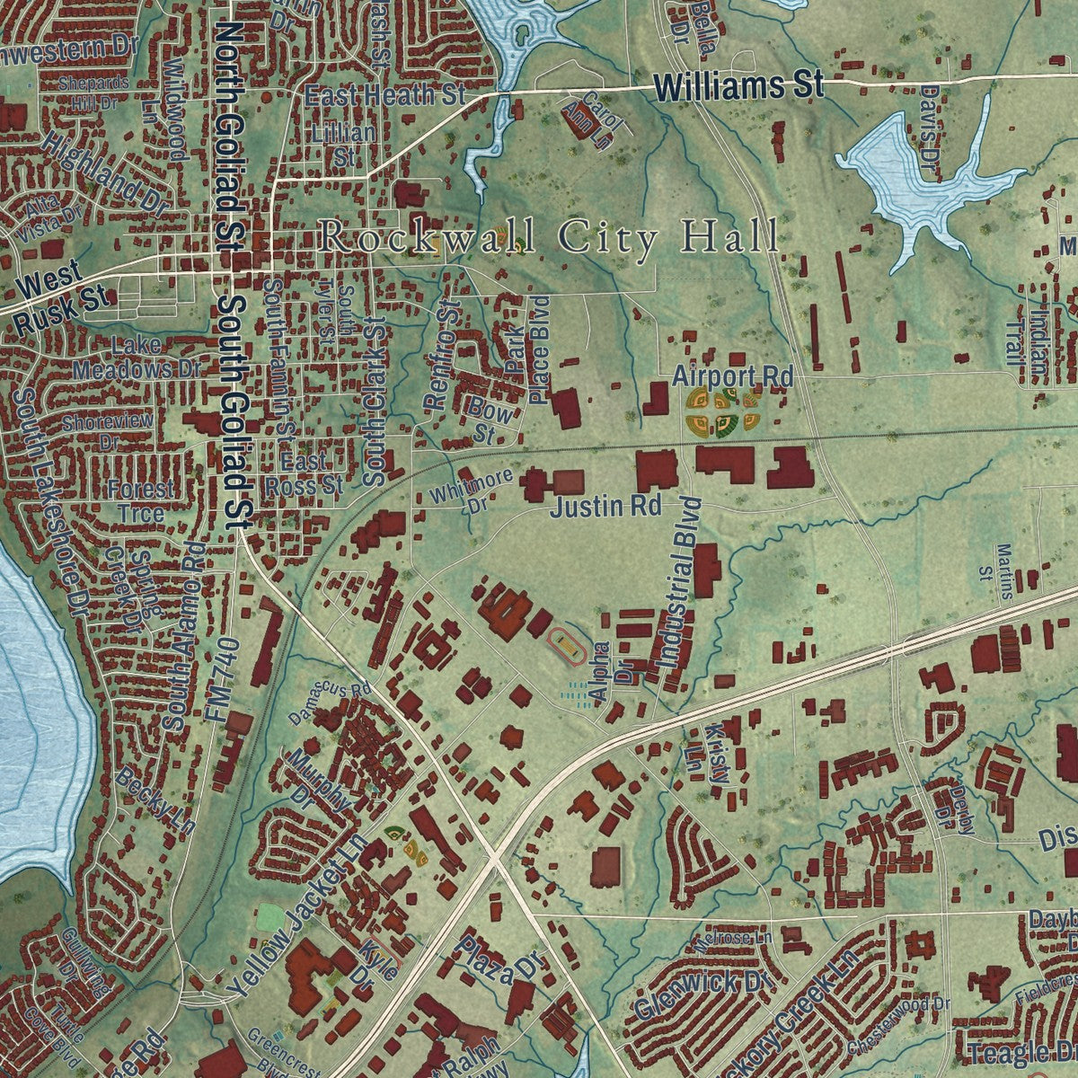 Close-up of the map of Rockwall, Texas print showing street and building detail