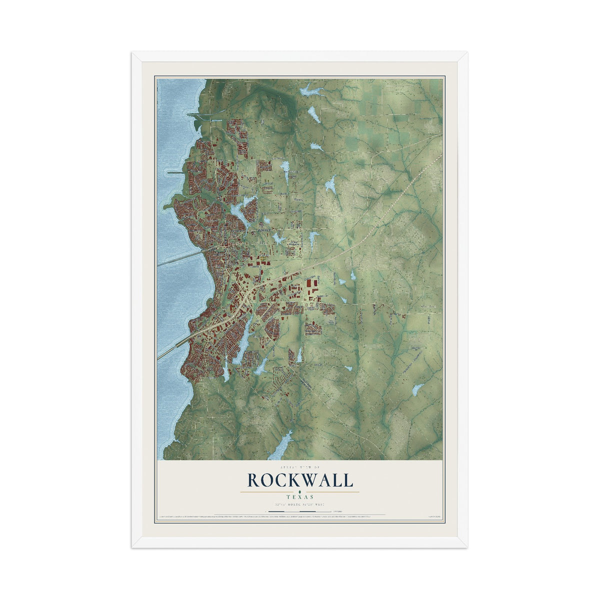 Map of Rockwall, Texas, 12 x 18 inch print in a white wood frame