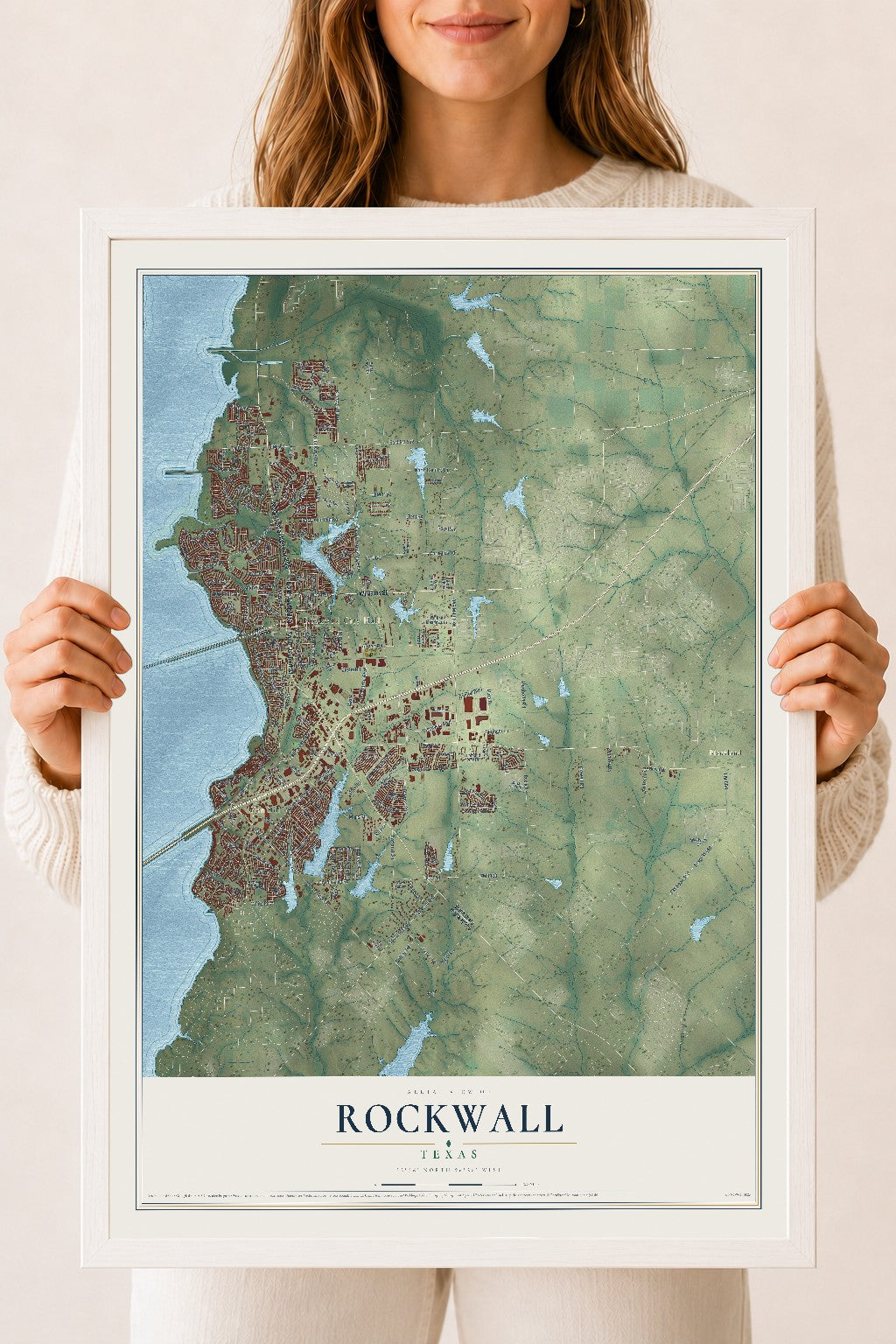 Map of Rockwall, Texas, 18 x 24 inch print in a white wood frame