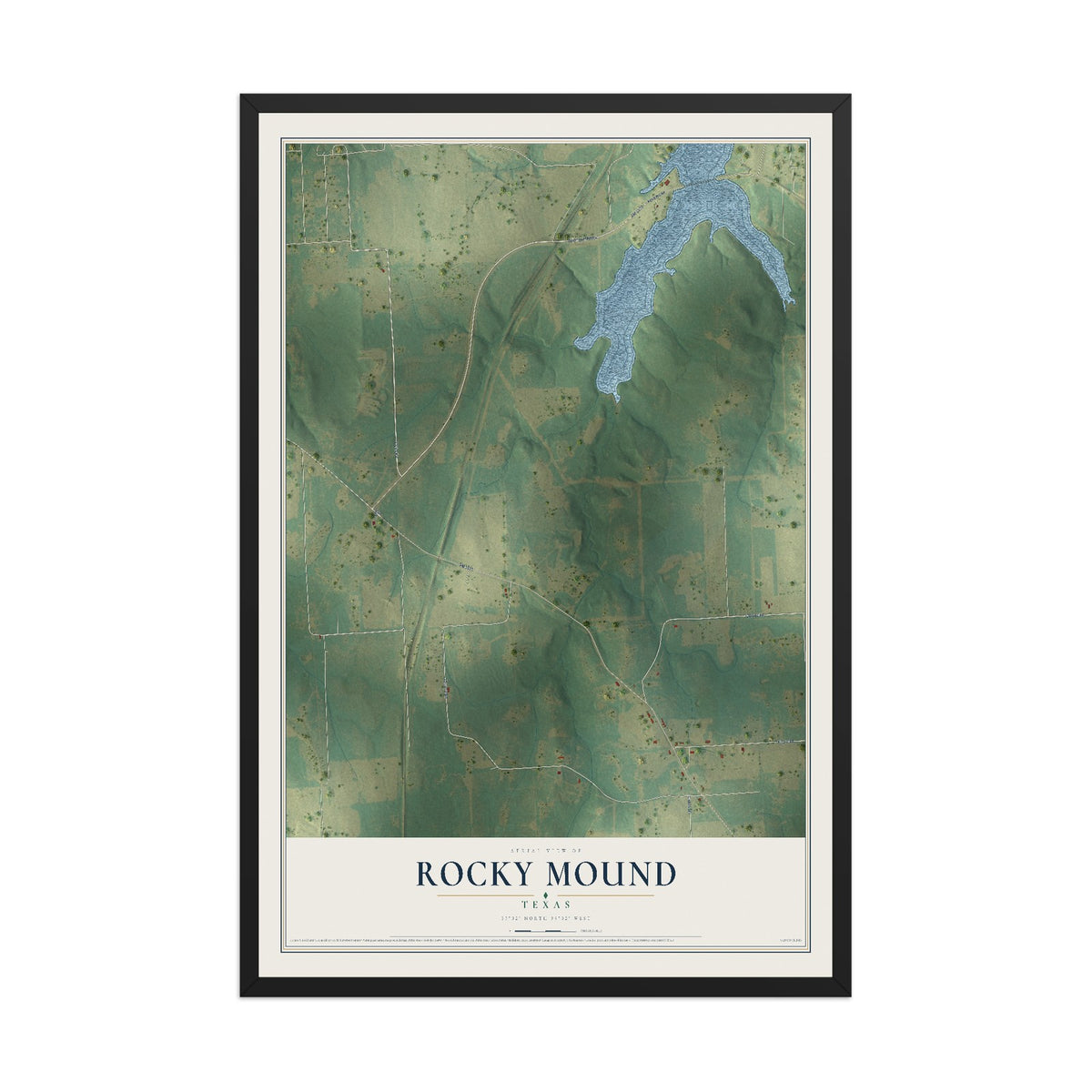 Map of Rocky Mound, Texas, 12 x 18 inch print in a black wood frame