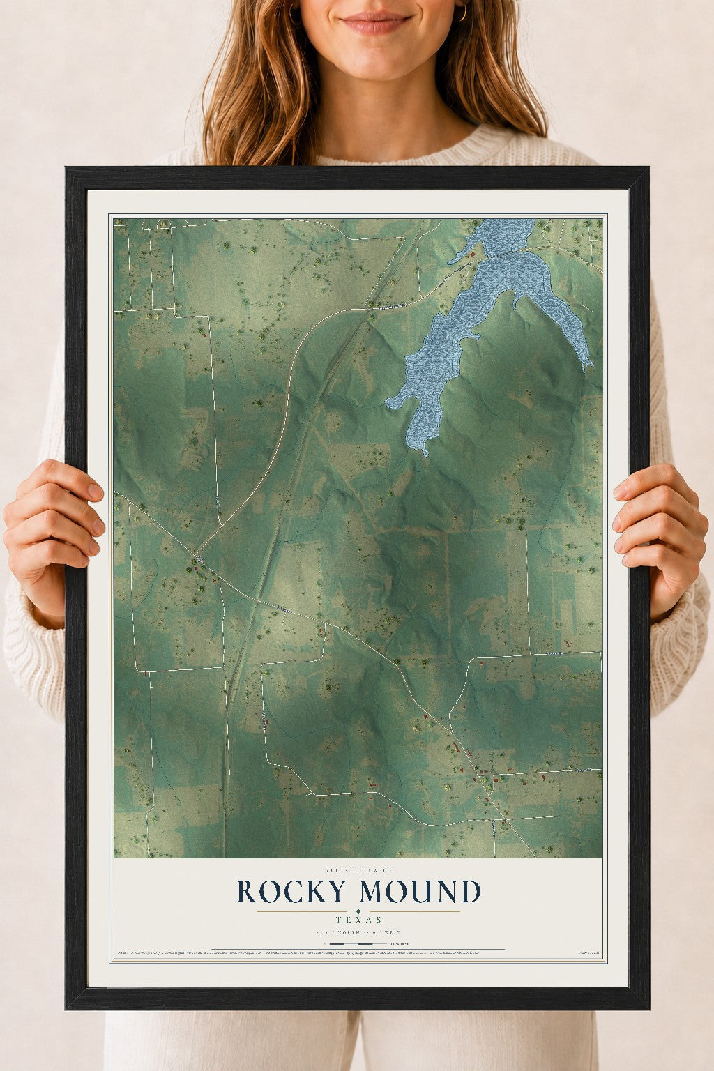 Map of Rocky Mound, Texas, 18 x 24 inch print in a black wood frame