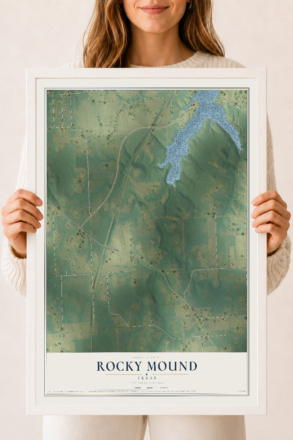 Map of Rocky Mound, Texas, 18 x 24 inch print in a white wood frame