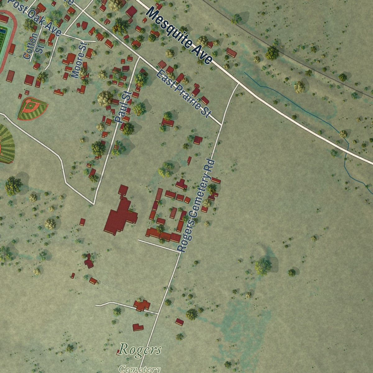 Second close-up of the map of Rogers, Texas print showing more streets and buildings