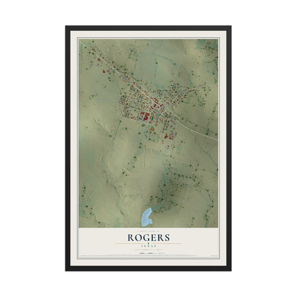 Map of Rogers, Texas, 12 x 18 inch print in a black wood frame