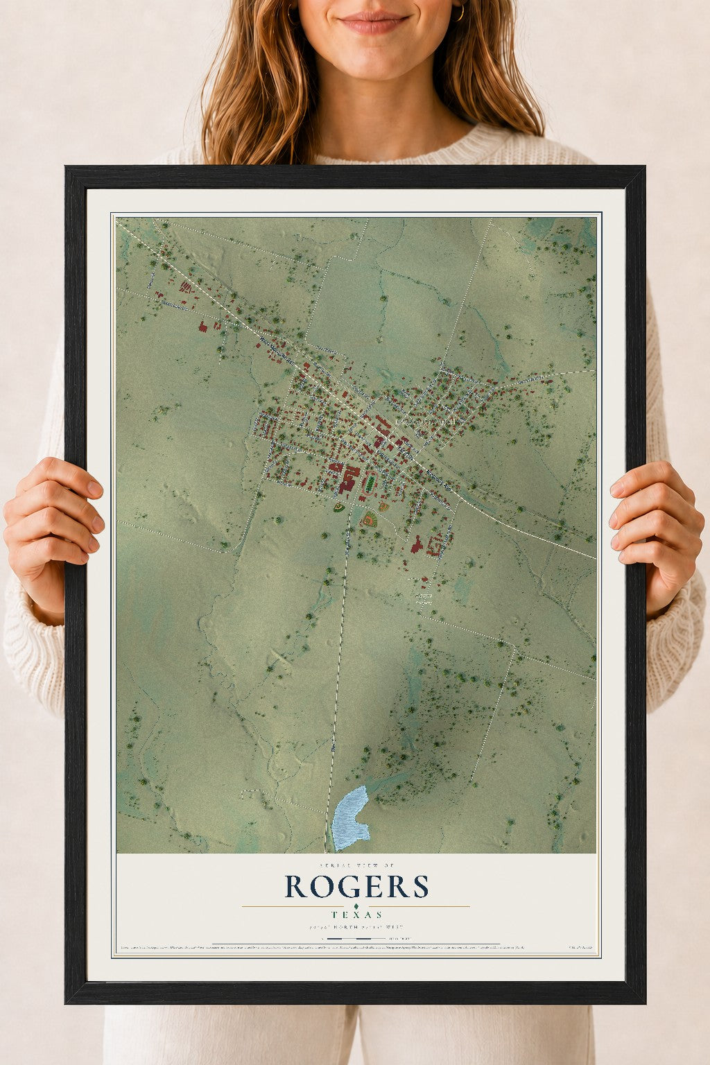 Map of Rogers, Texas, 18 x 24 inch print in a black wood frame