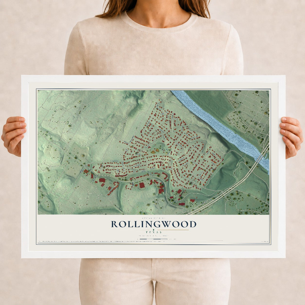 Map of Rollingwood, Texas, 12 x 18 inch print in a white wood frame