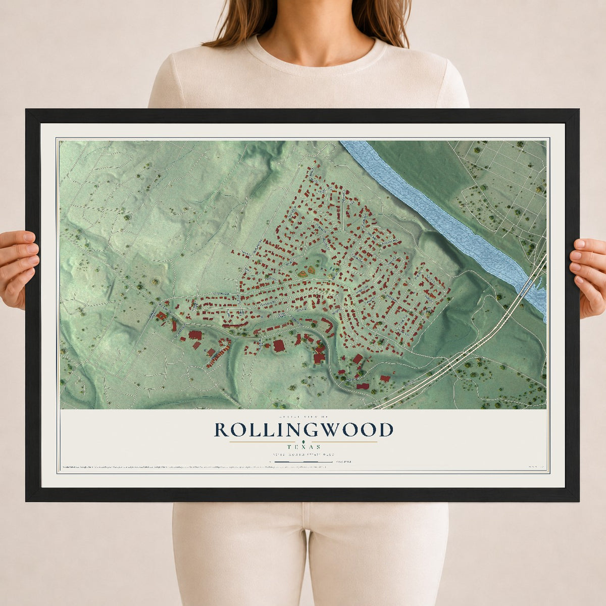 Map of Rollingwood, Texas, 18 x 24 inch print in a black wood frame