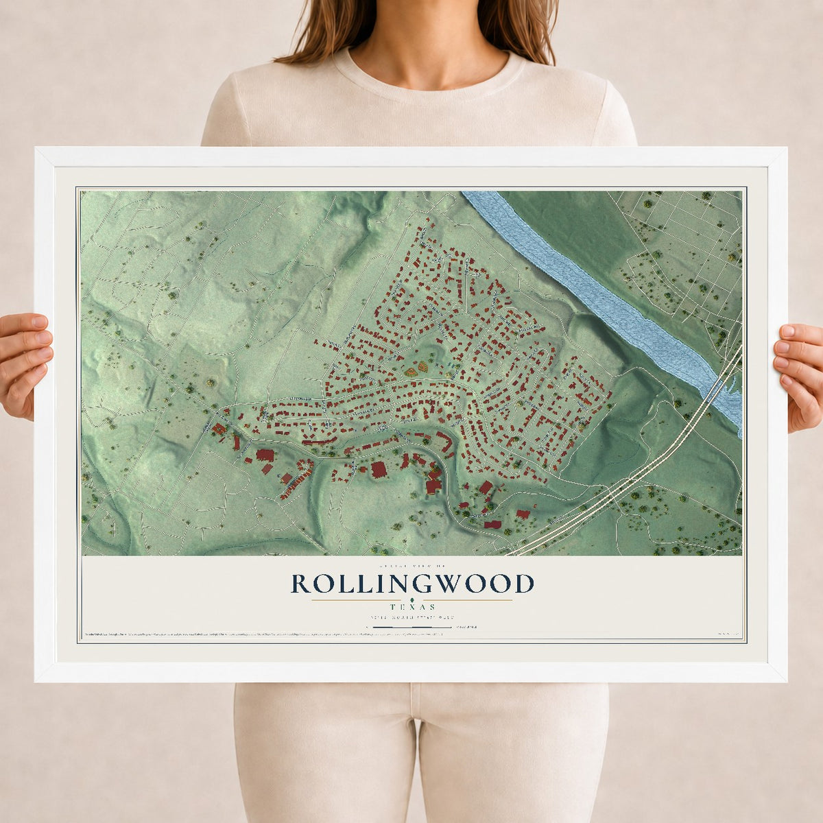 Map of Rollingwood, Texas, 18 x 24 inch print in a white wood frame