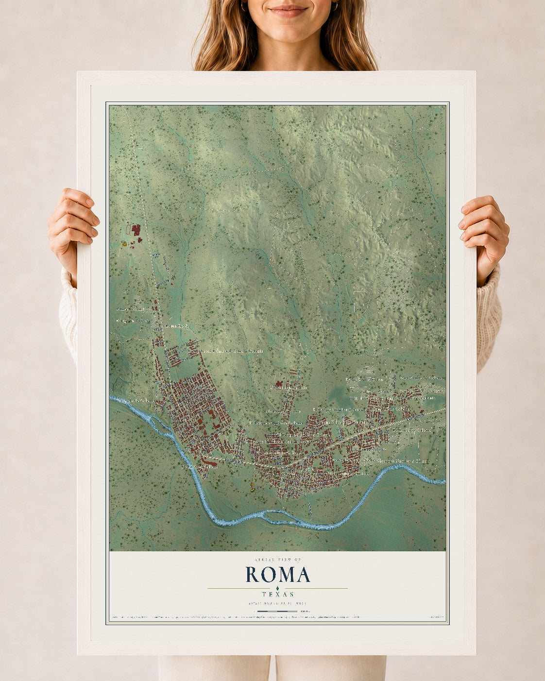 Map of Roma, Texas, 24 x 36 inch print in a white wood frame