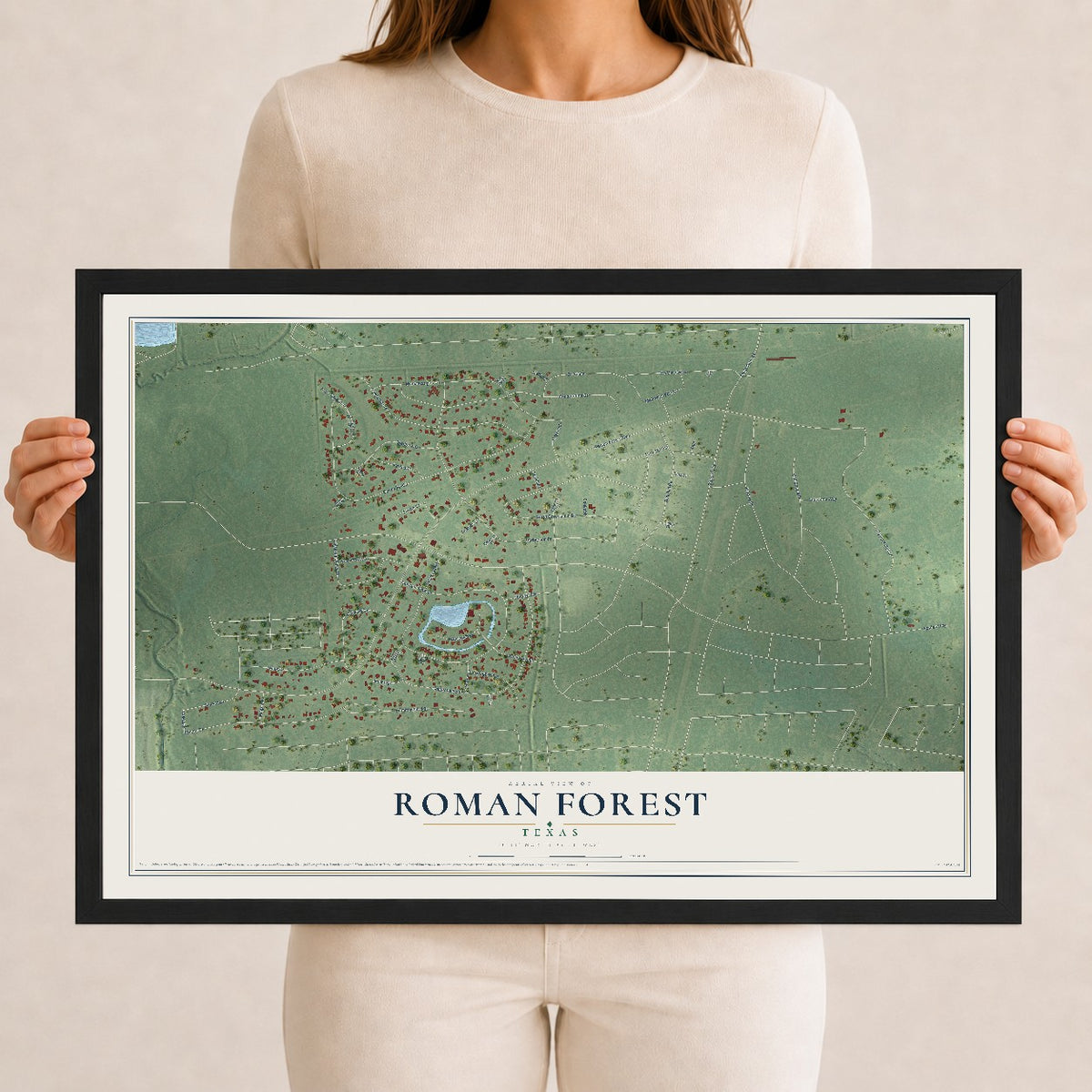 Map of Roman Forest, Texas, 12 x 18 inch print in a black wood frame