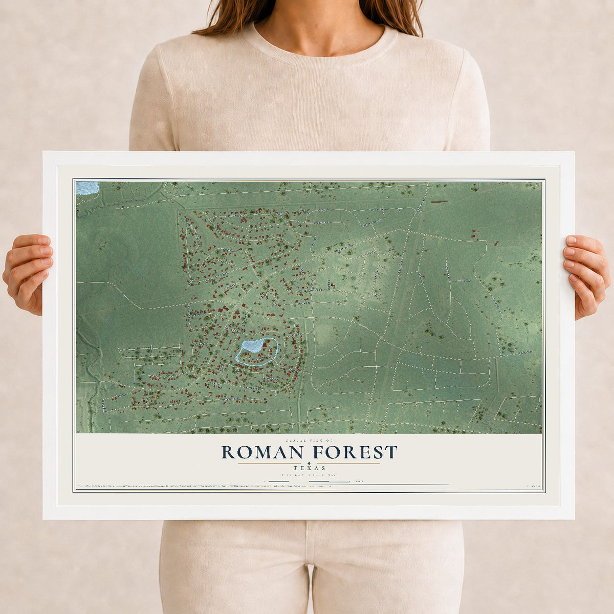 Map of Roman Forest, Texas, 12 x 18 inch print in a white wood frame