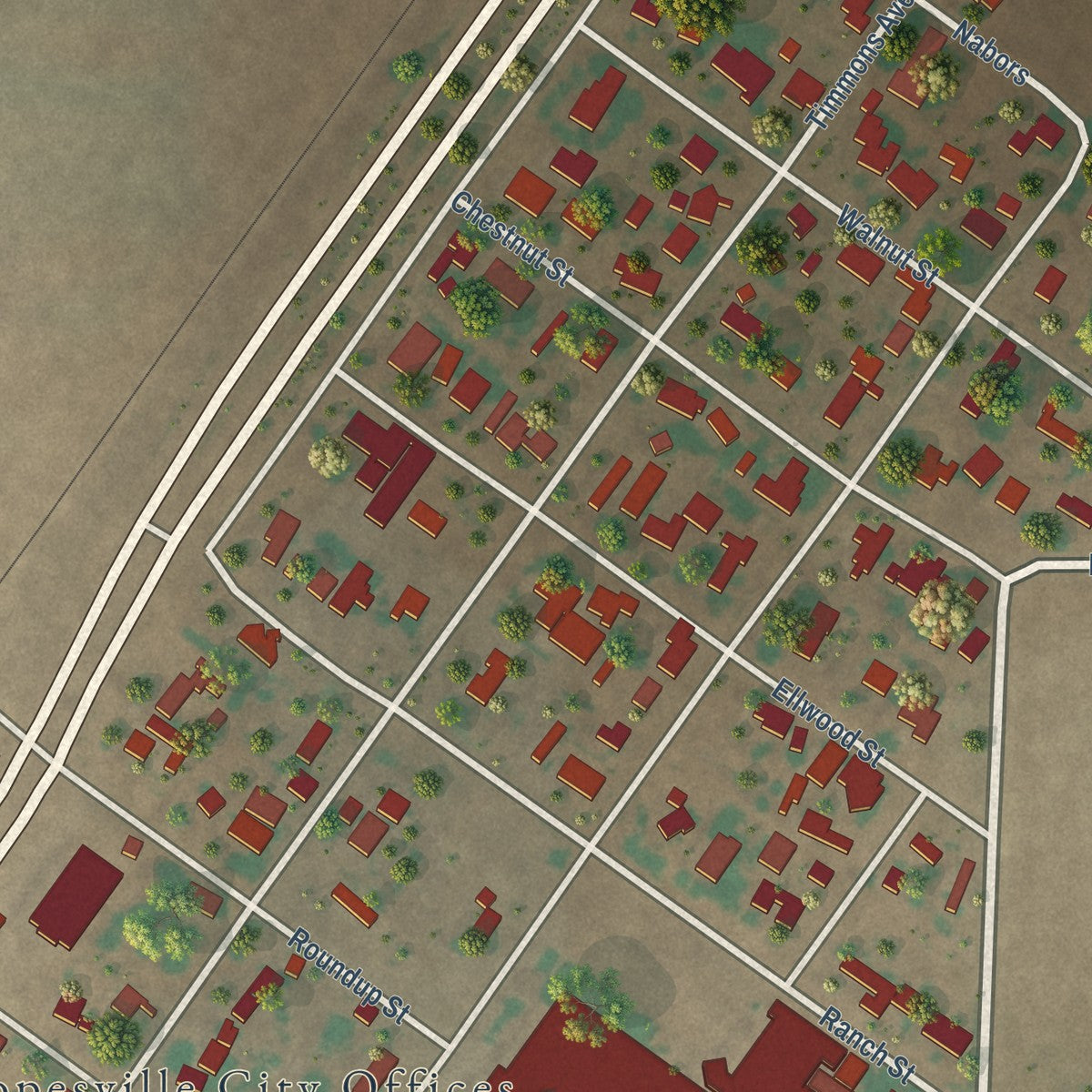 Close-up of the map of Ropesville, Texas print showing street and building detail