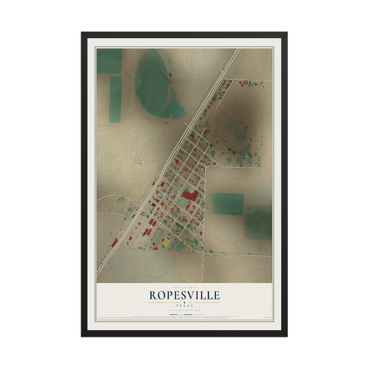 Map of Ropesville, Texas, 12 x 18 inch print in a black wood frame