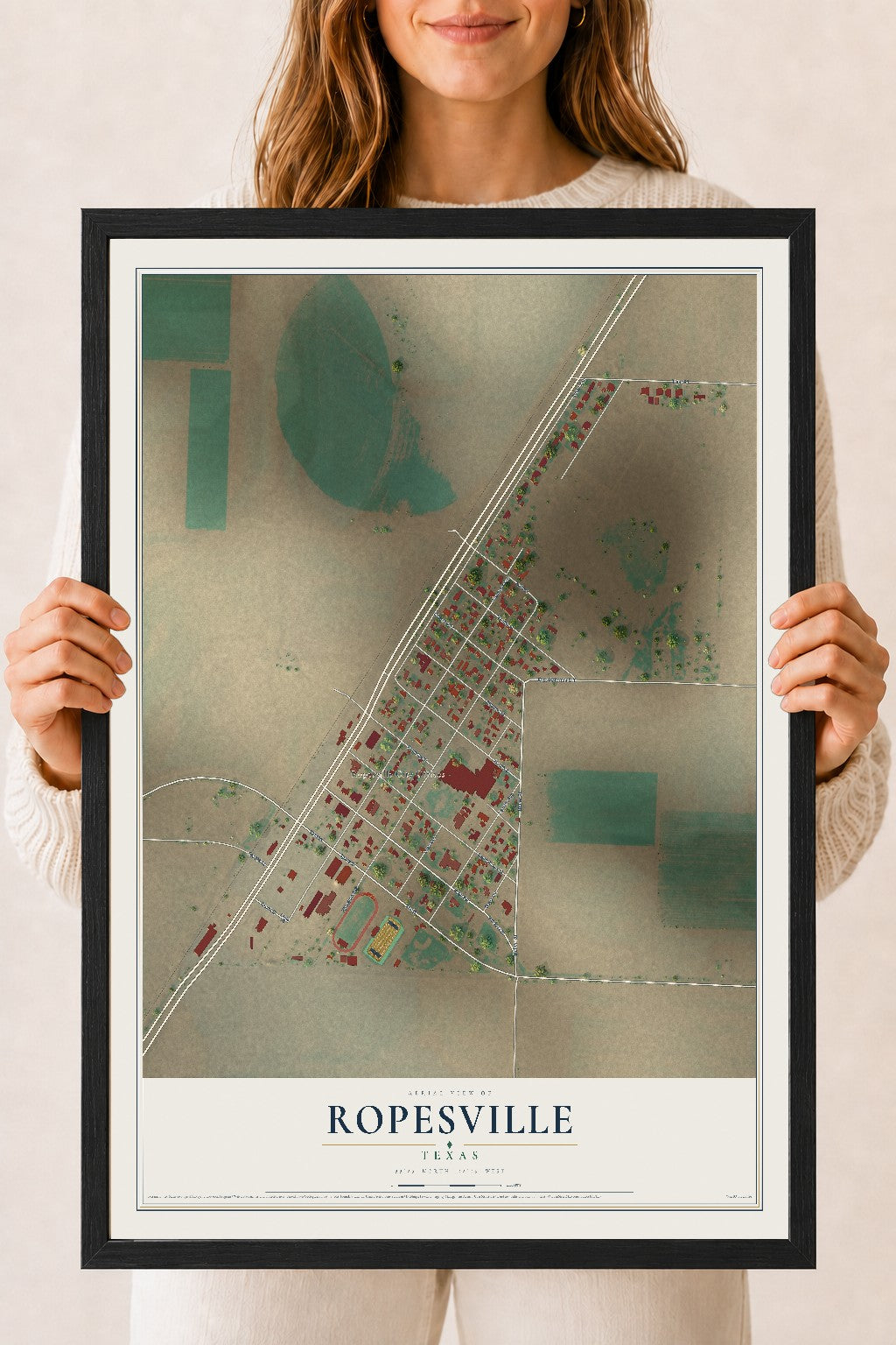 Map of Ropesville, Texas, 18 x 24 inch print in a black wood frame