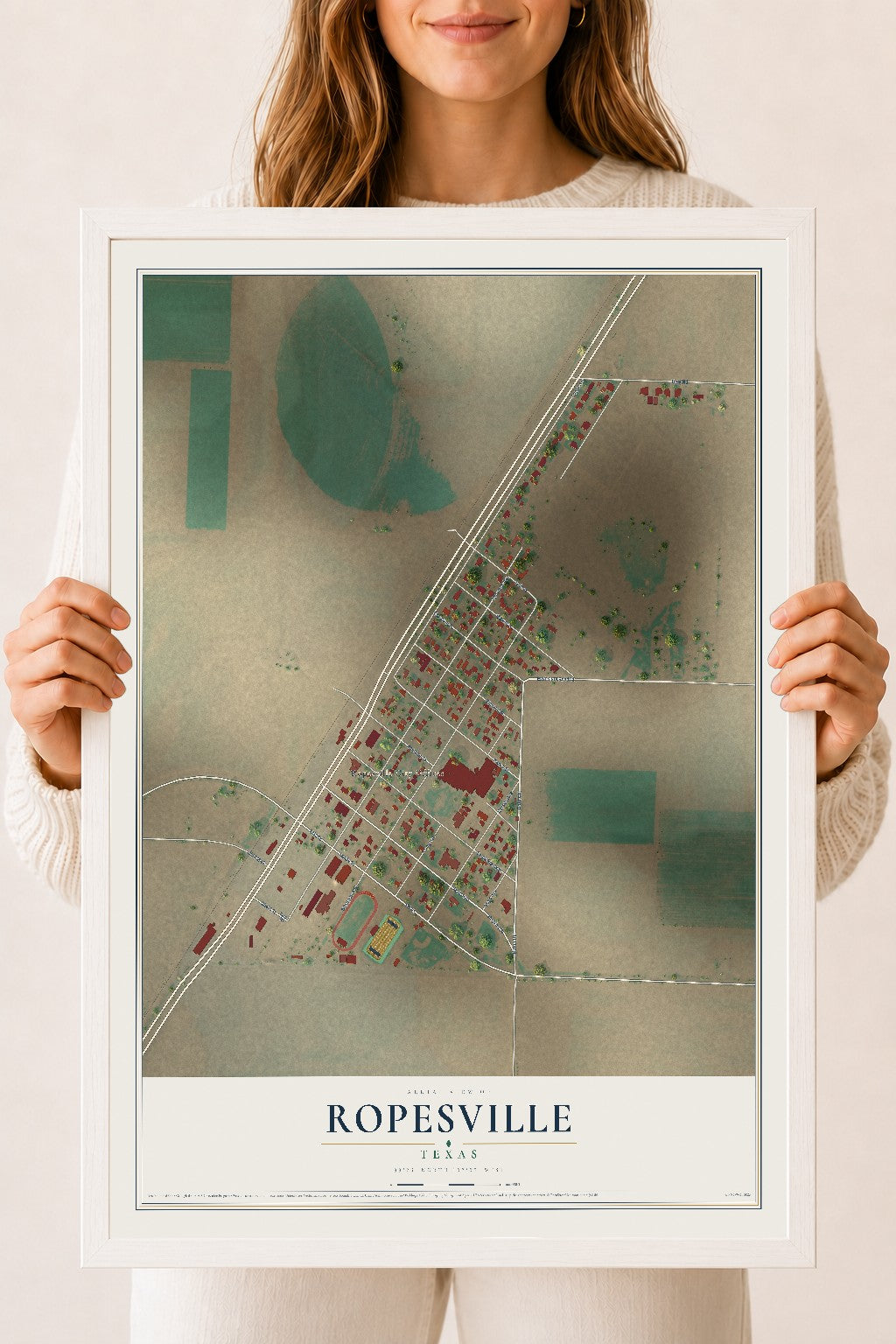 Map of Ropesville, Texas, 18 x 24 inch print in a white wood frame