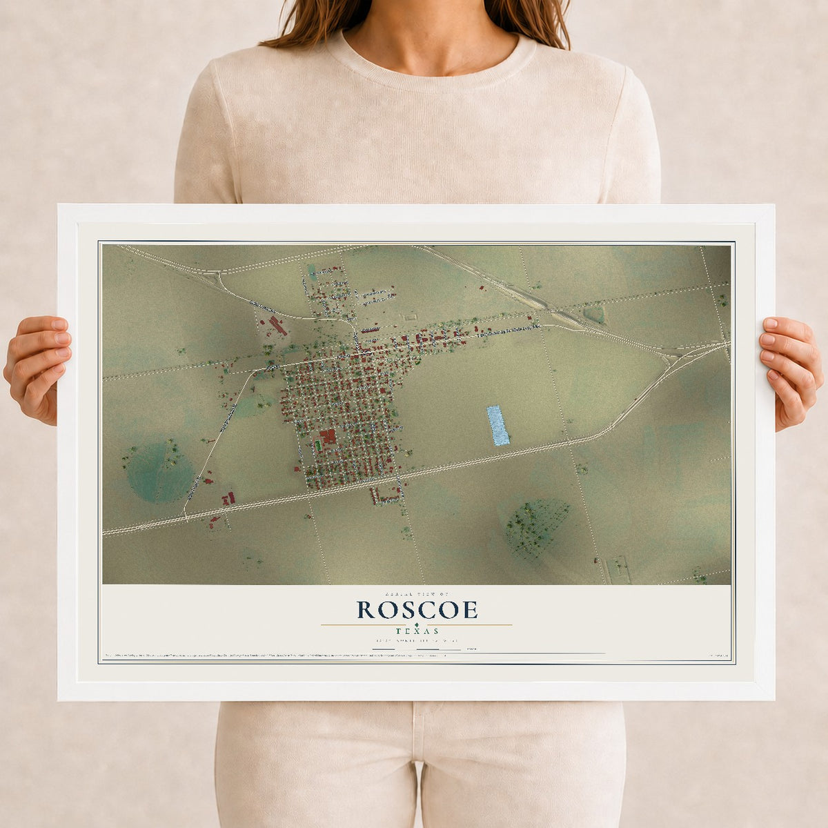 Map of Roscoe, Texas, 12 x 18 inch print in a white wood frame