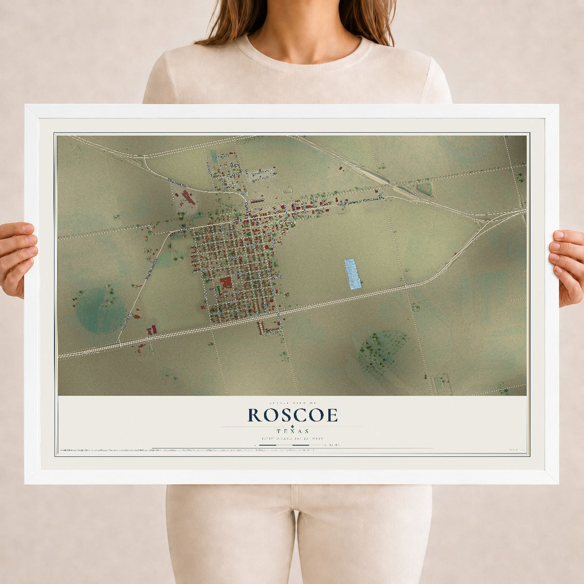 Map of Roscoe, Texas, 18 x 24 inch print in a white wood frame