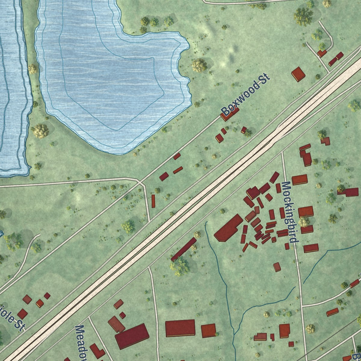 Second close-up of the map of Rose City, Texas print showing more streets and buildings