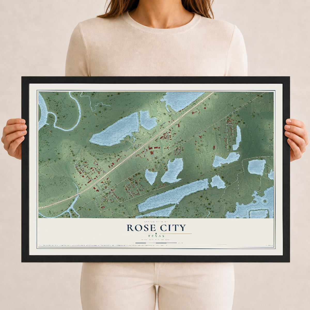 Map of Rose City, Texas, 12 x 18 inch print in a black wood frame