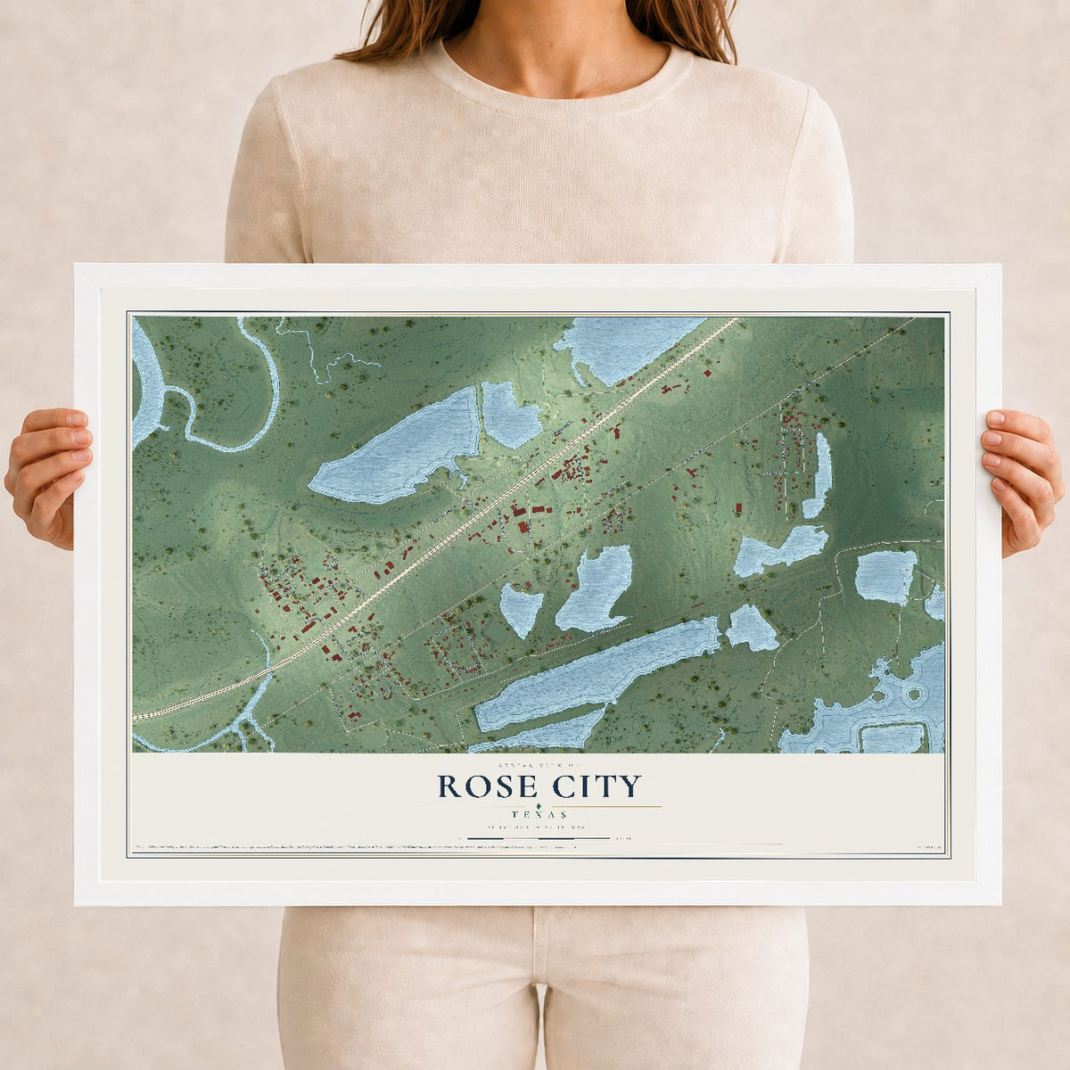Map of Rose City, Texas, 12 x 18 inch print in a white wood frame