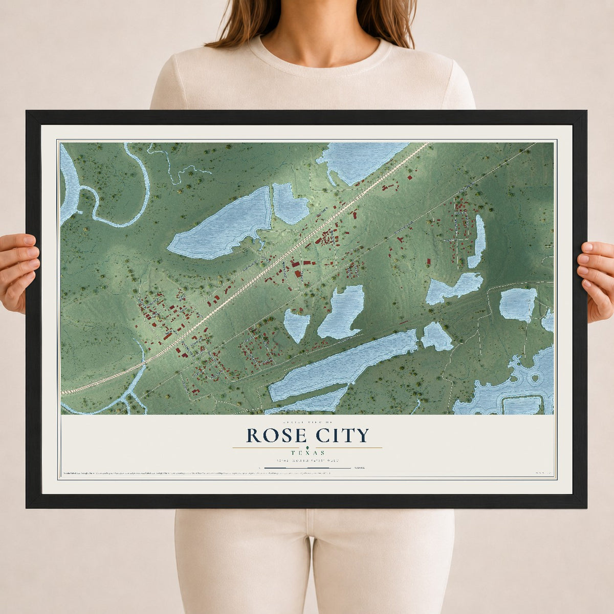 Map of Rose City, Texas, 18 x 24 inch print in a black wood frame