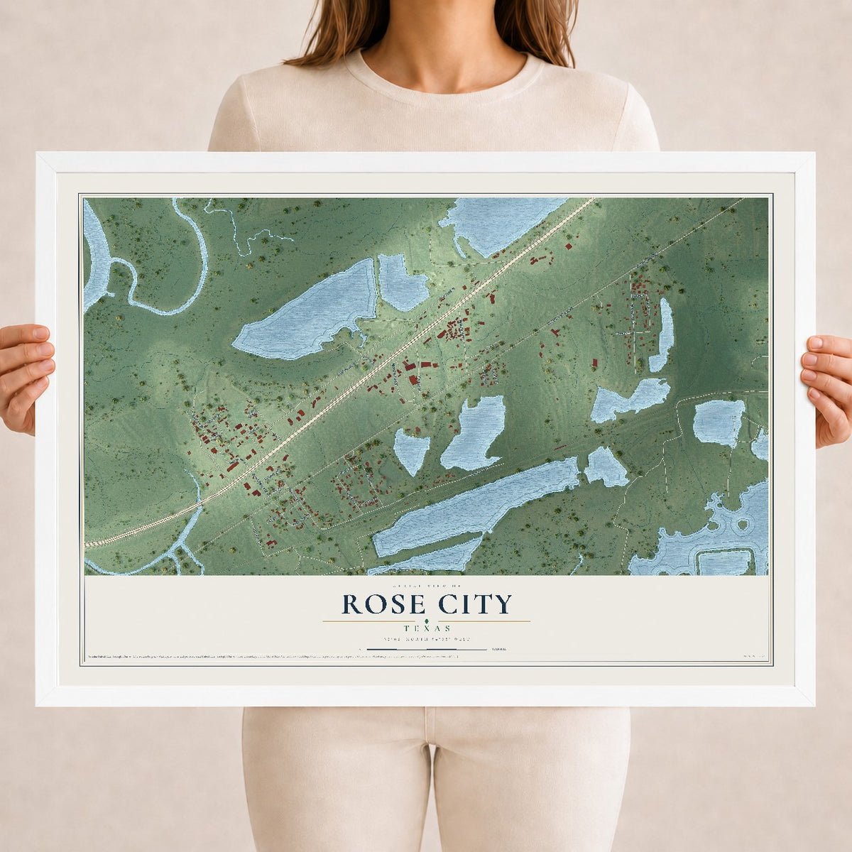 Map of Rose City, Texas, 18 x 24 inch print in a white wood frame