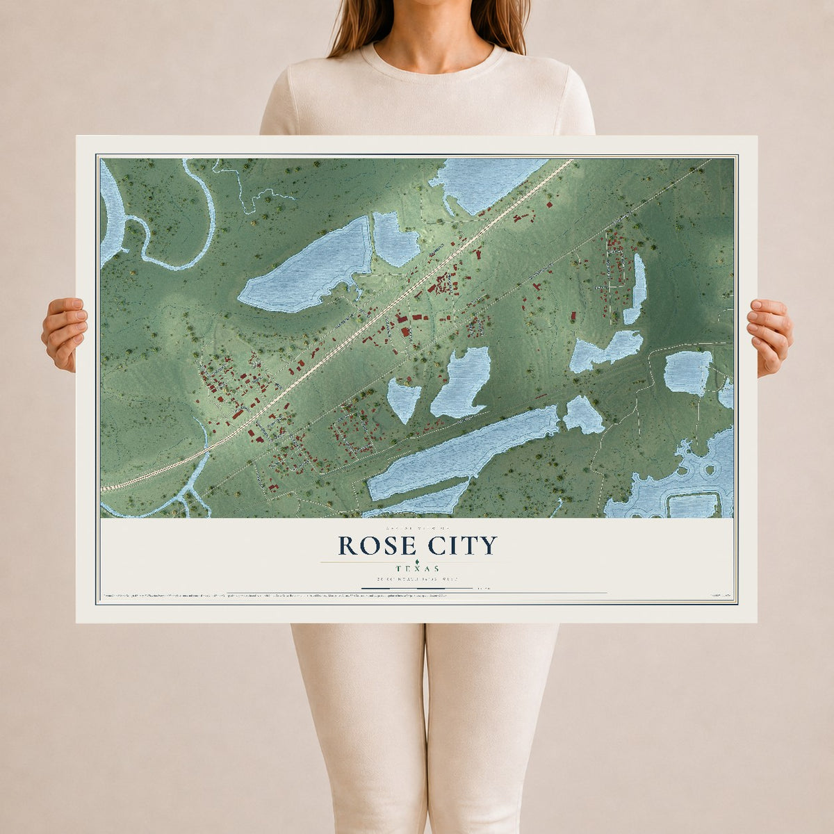 Map of Rose City, Texas, 24 x 36 inch unframed archival matte print