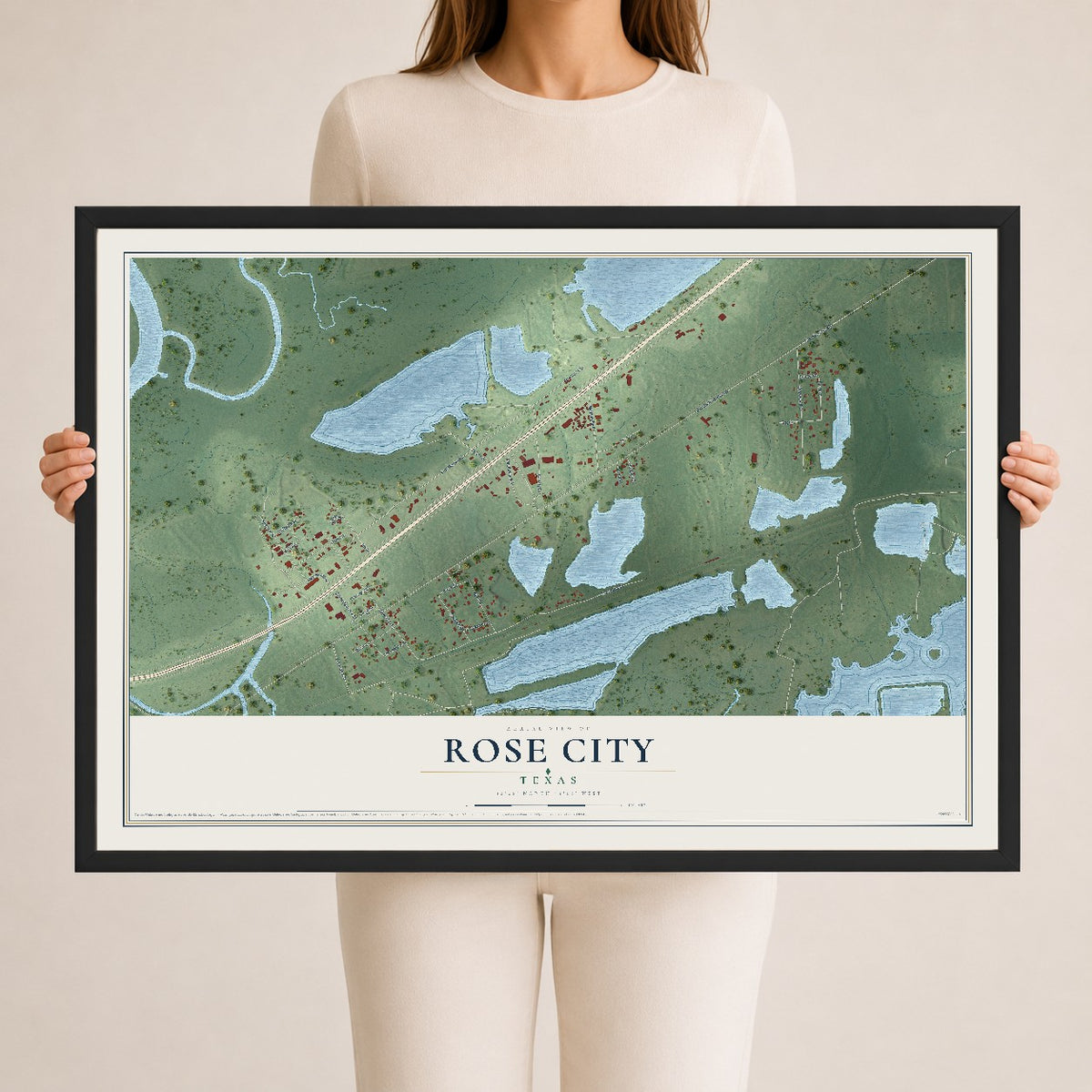 Map of Rose City, Texas, 24 x 36 inch print in a black wood frame