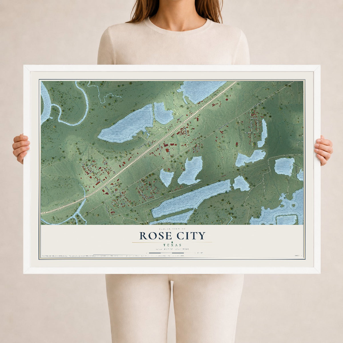 Map of Rose City, Texas, 24 x 36 inch print in a white wood frame