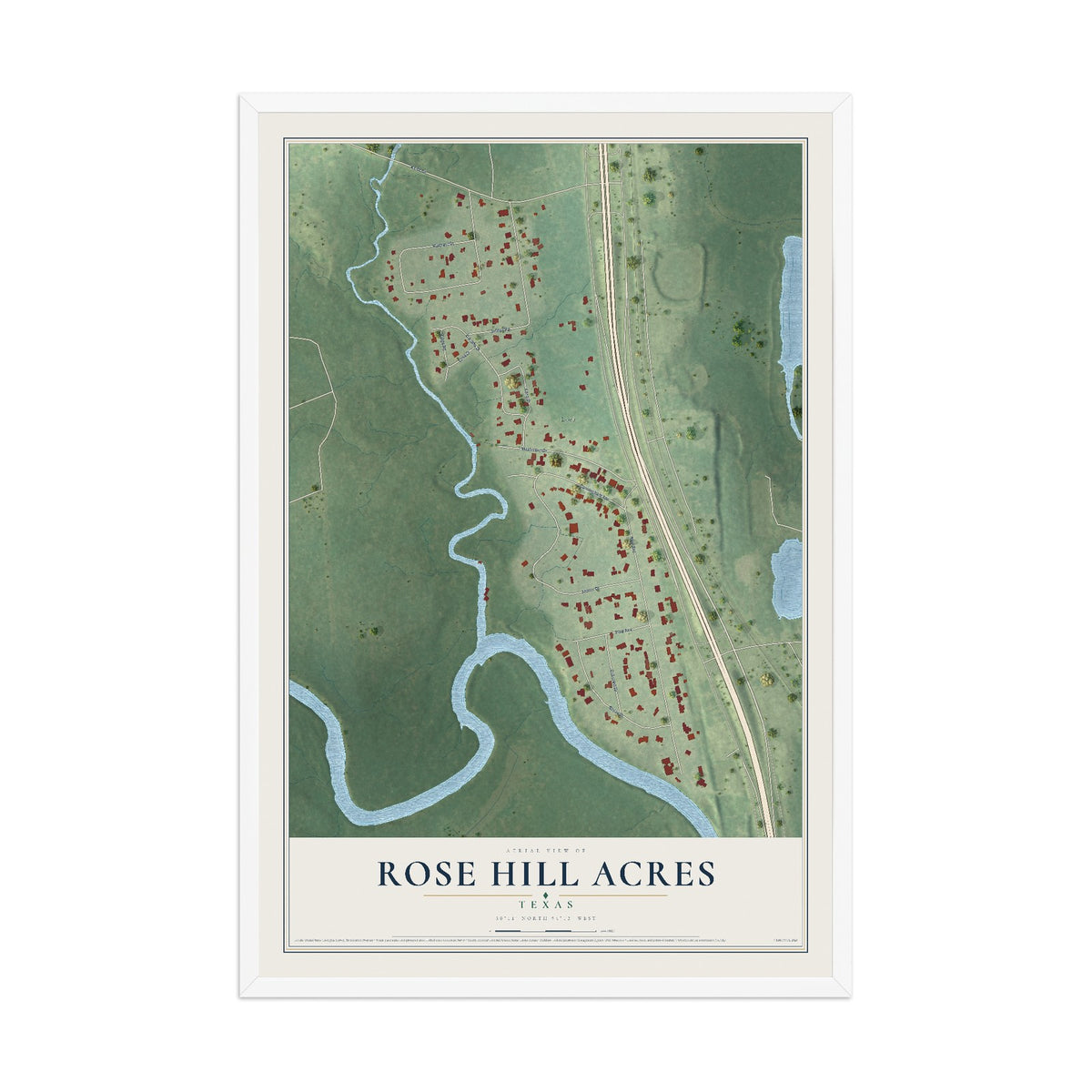 Map of Rose Hill Acres, Texas, 12 x 18 inch print in a white wood frame