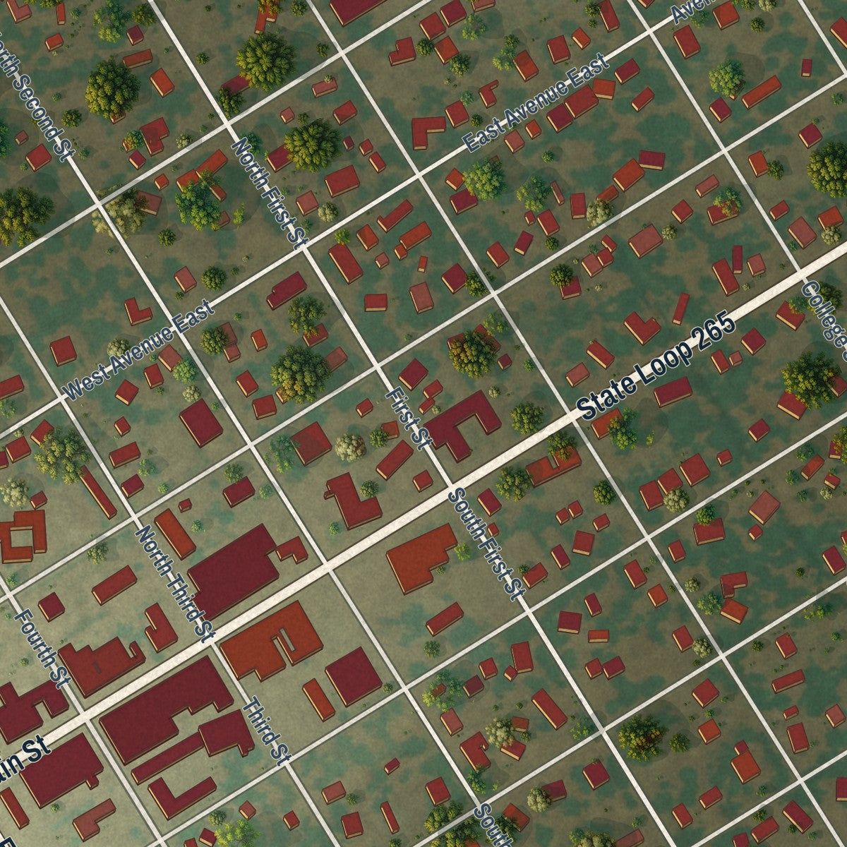 Close-up of the map of Rosebud, Texas print showing street and building detail