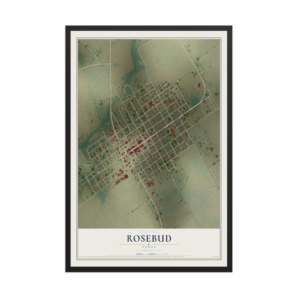Map of Rosebud, Texas, 12 x 18 inch print in a black wood frame