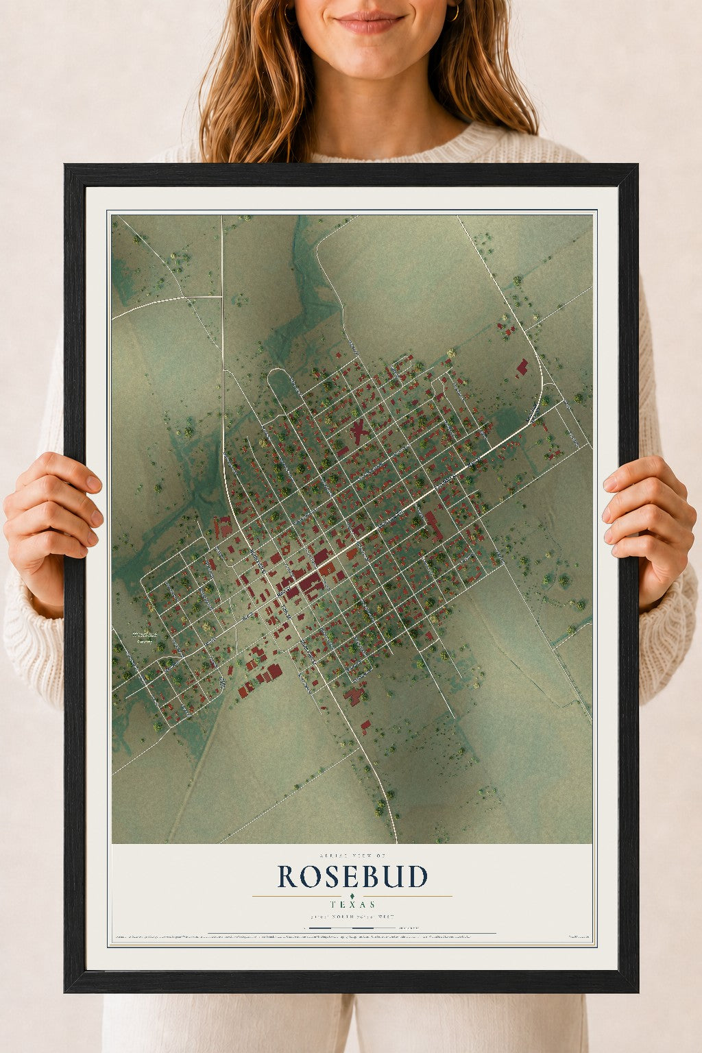 Map of Rosebud, Texas, 18 x 24 inch print in a black wood frame