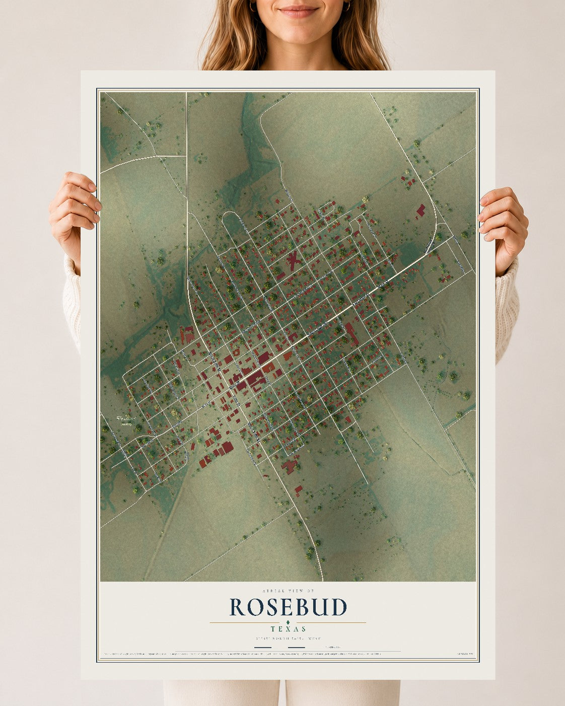 Map of Rosebud, Texas, 24 x 36 inch unframed archival matte print