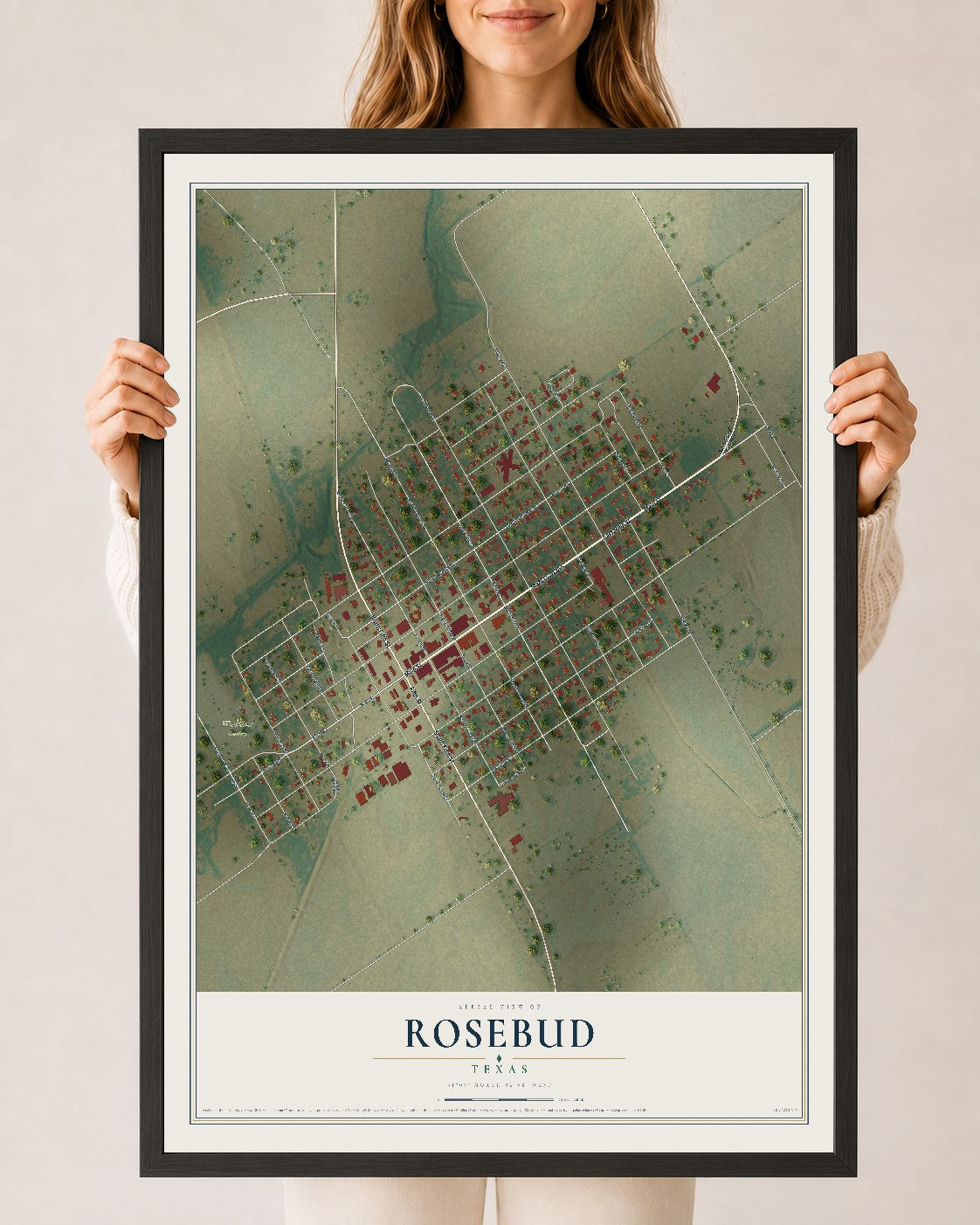 Map of Rosebud, Texas, 24 x 36 inch print in a black wood frame