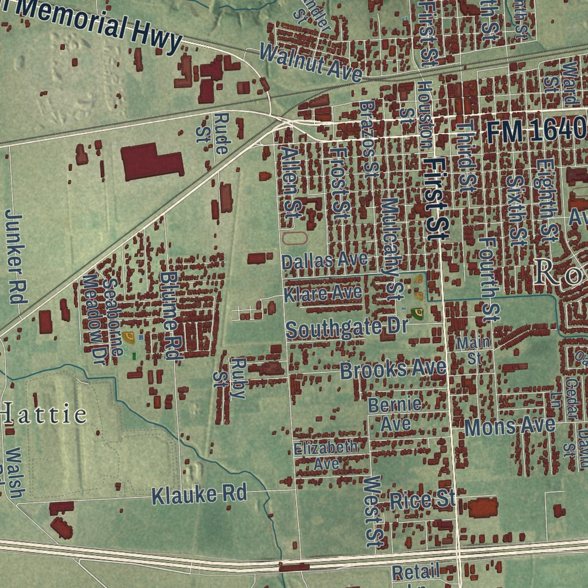 Second close-up of the map of Rosenberg, Texas print showing more streets and buildings