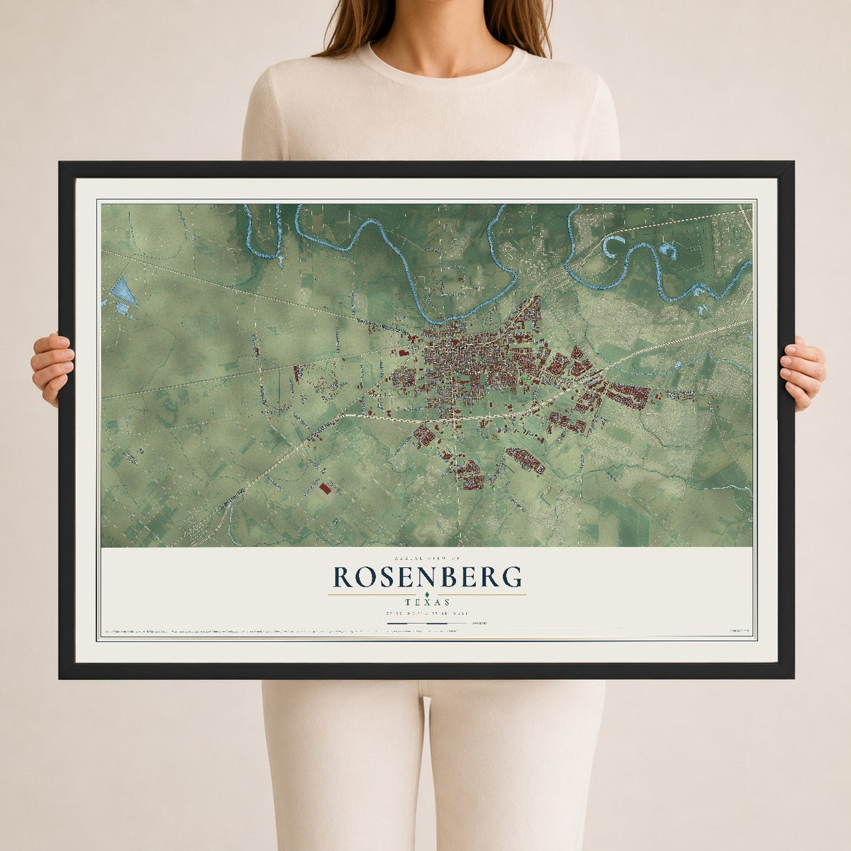 Map of Rosenberg, Texas, 24 x 36 inch print in a black wood frame
