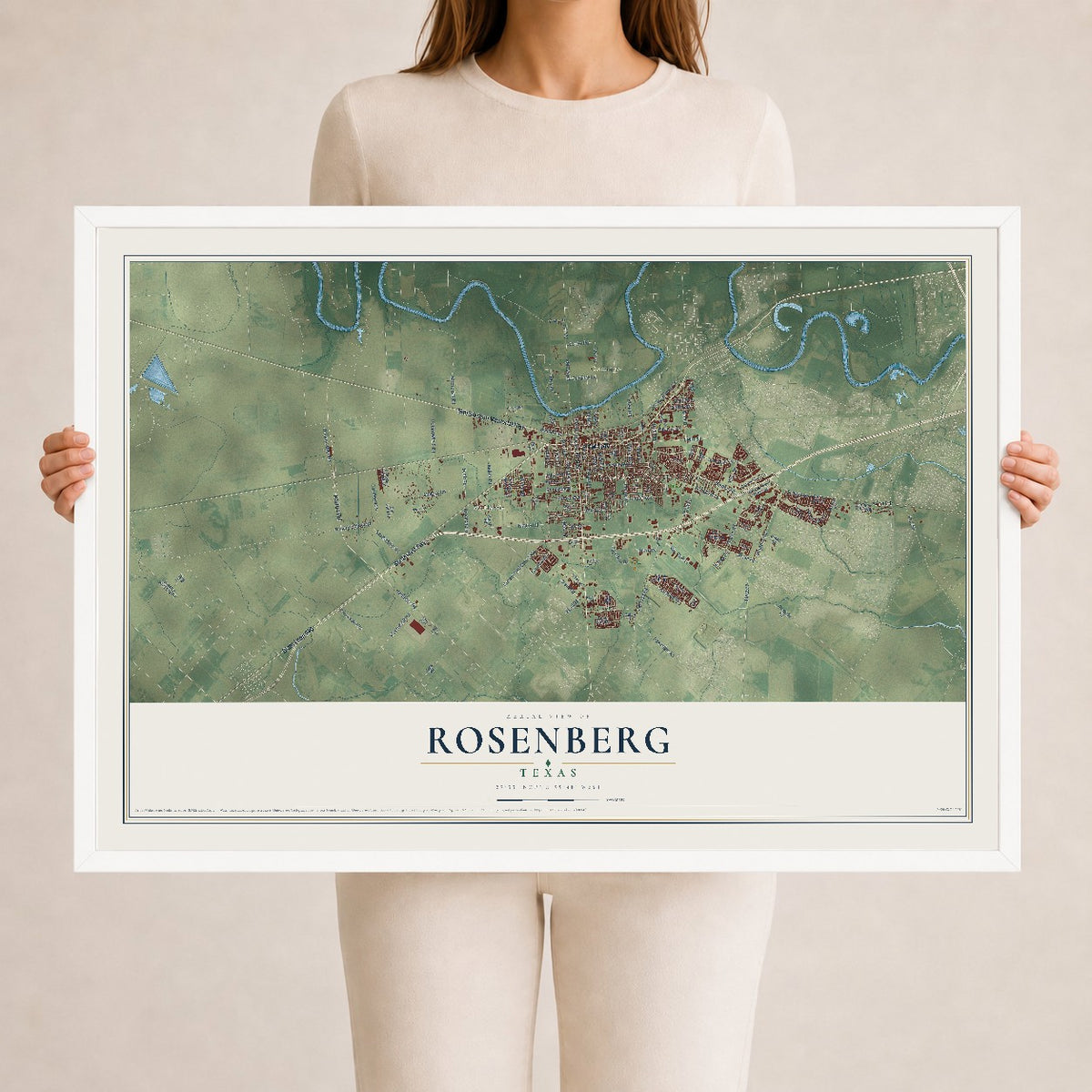 Map of Rosenberg, Texas, 24 x 36 inch print in a white wood frame