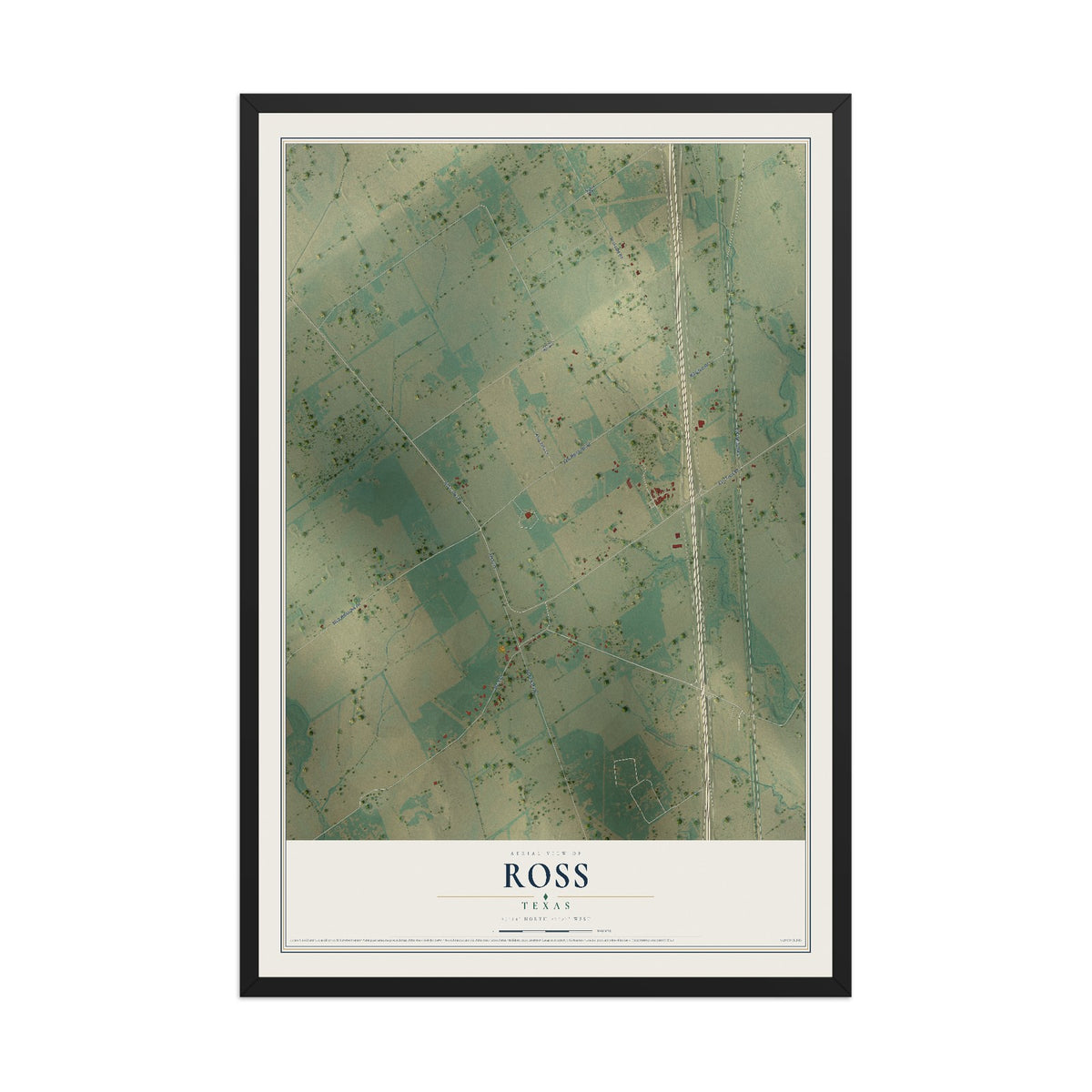 Map of Ross, Texas, 12 x 18 inch print in a black wood frame