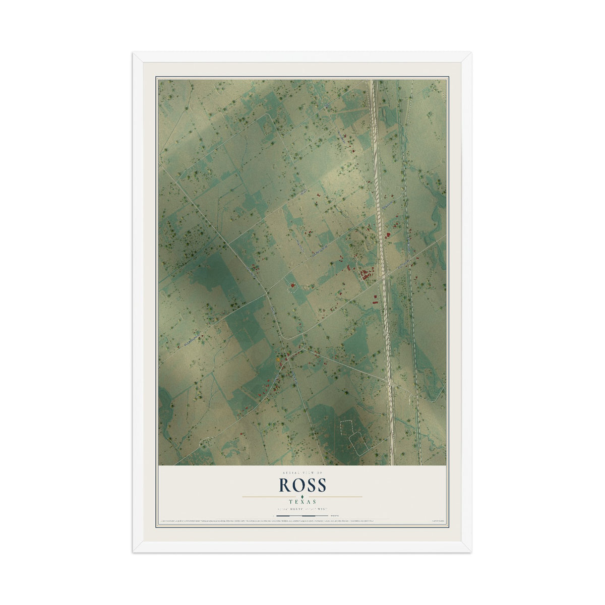 Map of Ross, Texas, 12 x 18 inch print in a white wood frame