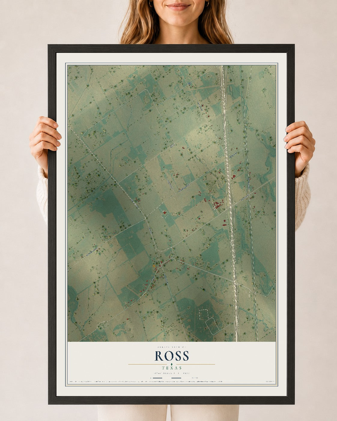 Map of Ross, Texas, 24 x 36 inch print in a black wood frame