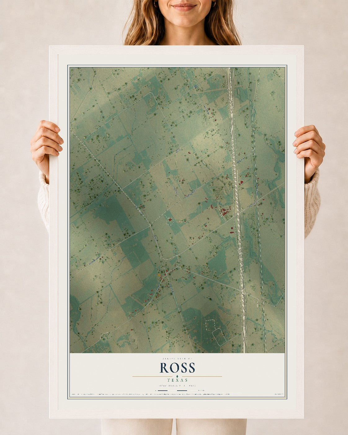Map of Ross, Texas, 24 x 36 inch print in a white wood frame