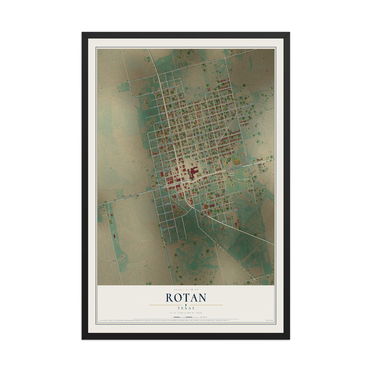 Map of Rotan, Texas, 12 x 18 inch print in a black wood frame